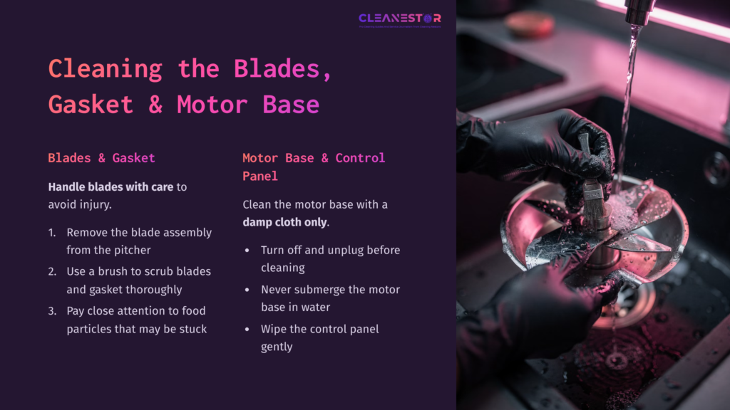 Instructions For Cleaning A Cuisinart Blender, Featuring A Close-Up Of A Blender'S Blades, Cleaning Tips, And A Dark Countertop.