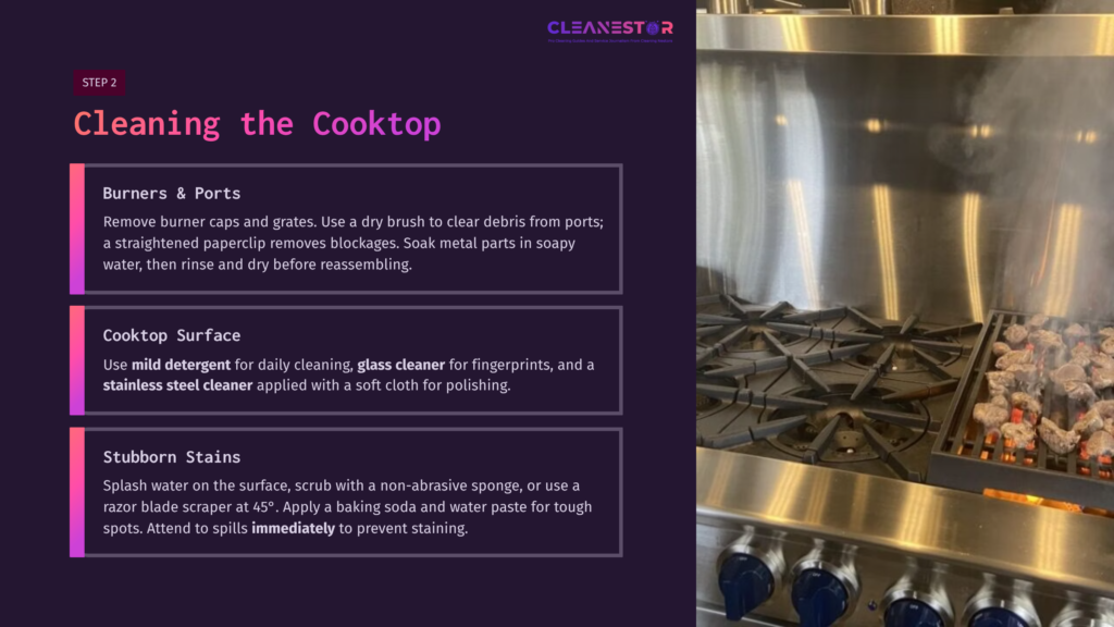A Stainless Steel Bluestar Range With A Clean Cooktop, Featuring Six Burners And Knobs, Alongside Cleaning Tips Highlighted In Text.