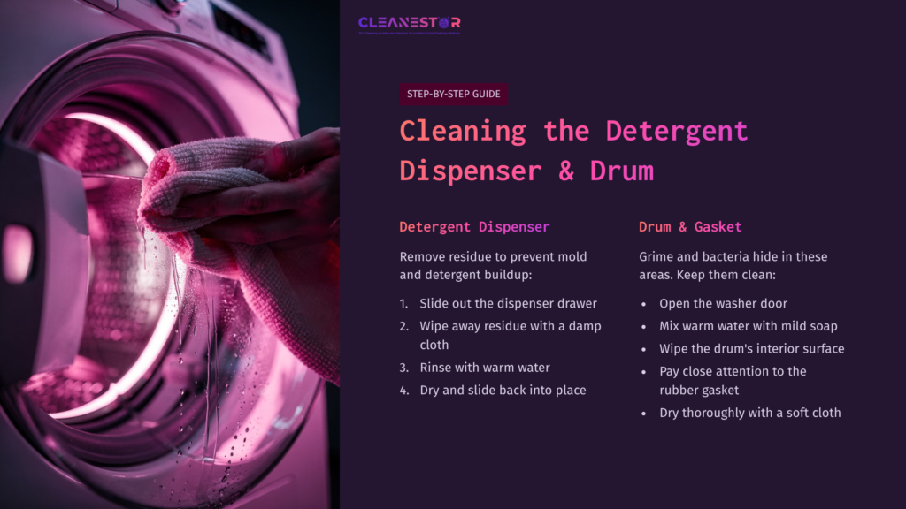 A Person Using A Pink Cloth To Wipe The Inside Of A Washing Machine’s Detergent Dispenser, With Text Instructions On Cleaning.