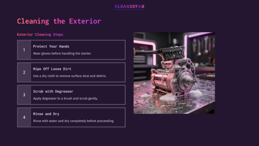 Starter Motor Covered In Soap And Water, Placed On A Tool Bench With Pink Neon Lights; Steps For Cleaning Displayed Alongside.