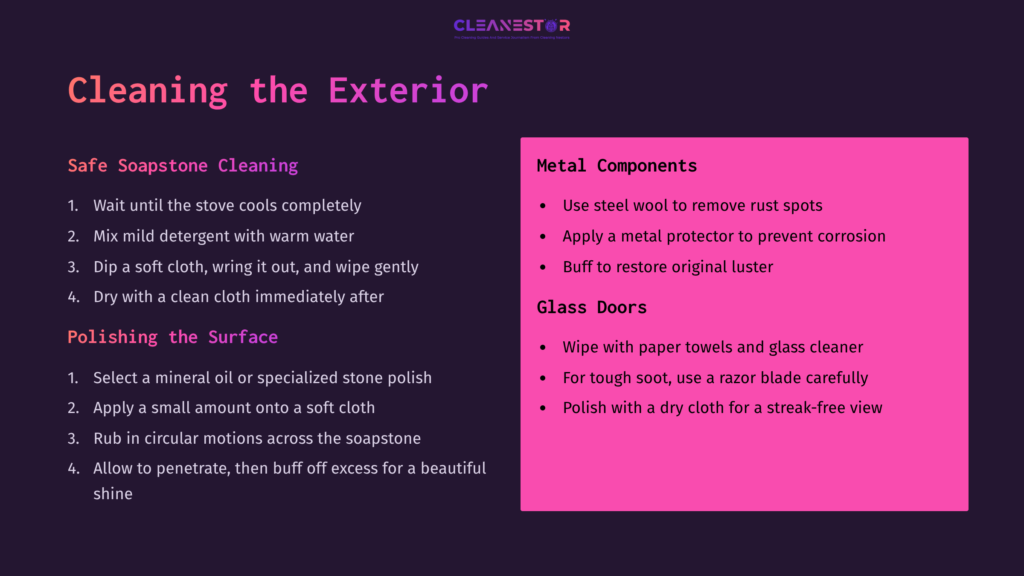 Instructions For Cleaning A Soapstone Wood Stove, Featuring Headings In Purple And White Text, With Tips For Metal Components And Glass Doors.