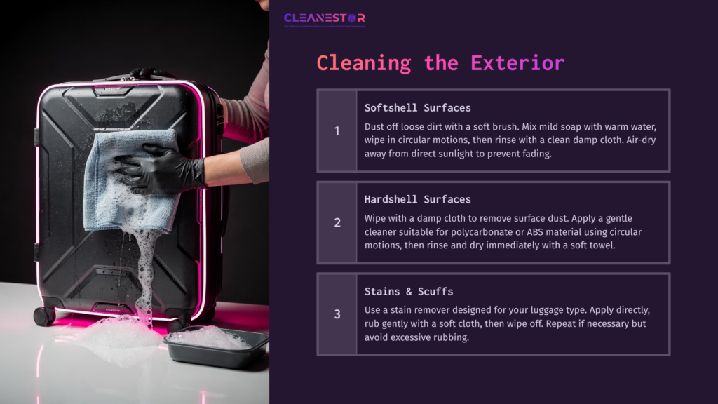 A Person Gently Cleaning A Black Samsonite Suitcase With Soap And Water, Showing Bubbles And A Careful Approach To The Surface.