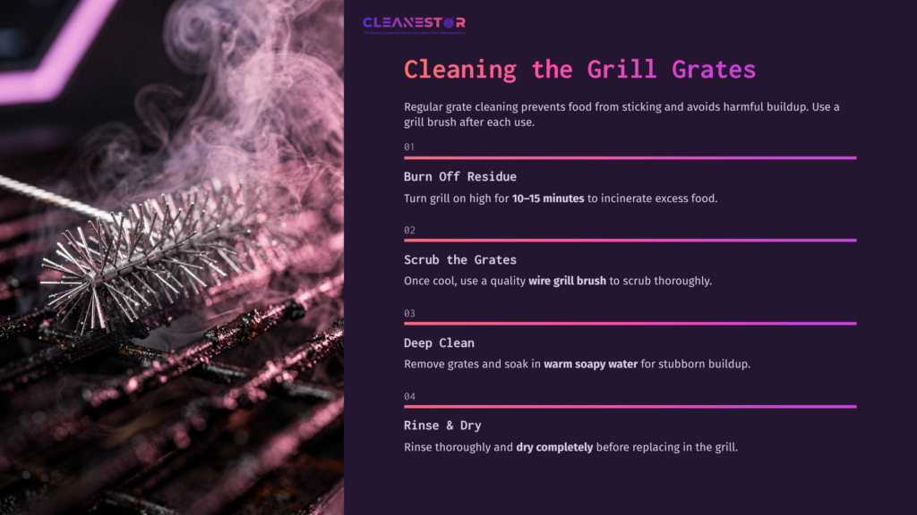 5 Cleaning The Grill Grates Grill Grates With A Cleaning Brush On A Smoky Surface, Featuring Step-By-Step Instructions In Bold Text On A Dark Background.