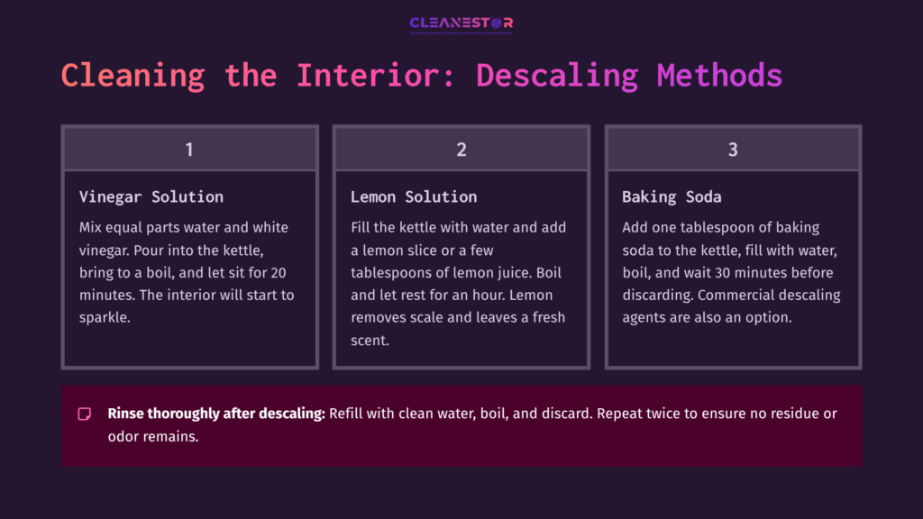 Cleaning Methods For An Electric Kettle: Vinegar, Lemon, And Baking Soda Solutions With Numbered Steps And Tips In A Dark Purple Layout.