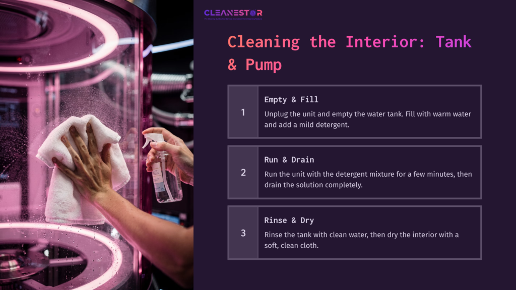 Hands Cleaning The Interior Of A Donjoy Iceman Unit With A Spray Bottle, Surrounded By Pink Lighting And A Clear Water Tank.