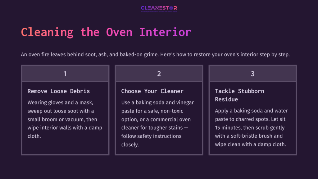 5 Cleaning The Oven Interior Interactive Infographic With Three Sections: Debris Removal, Cleaner Choice With Baking Soda And Vinegar, And Residue Tackling Tips.