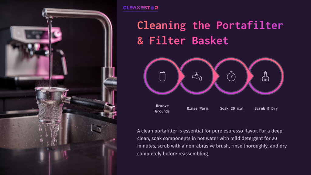 A Stainless Steel Portafilter And Filter Basket Are Immersed In Water, Next To Icons Illustrating Cleaning Steps Against A Dark Background.
