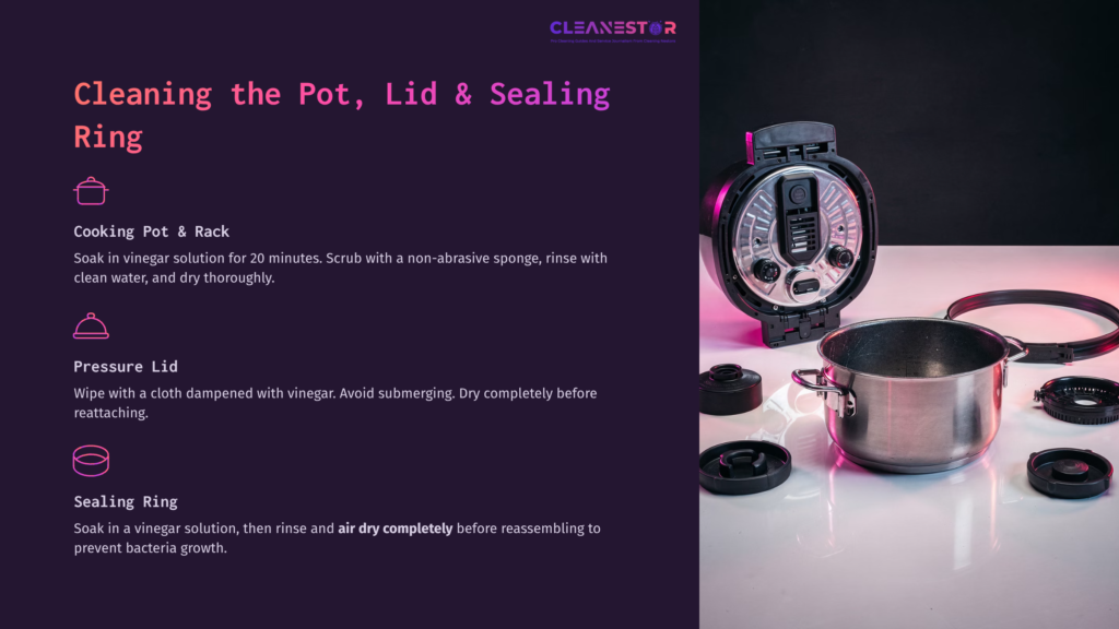 Ninja Foodi Pot, Lid, And Sealing Ring Displayed On A Dark Background, With Cleaning Instructions In Vibrant Text Beside The Items.