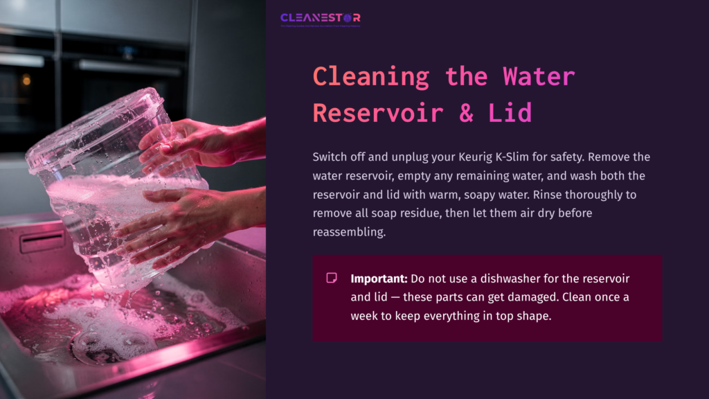 A Pink-Tinted Image Shows A Woman Rinsing The Keurig K-Slim Water Reservoir And Lid In A Sink, With Soap Suds Visible.