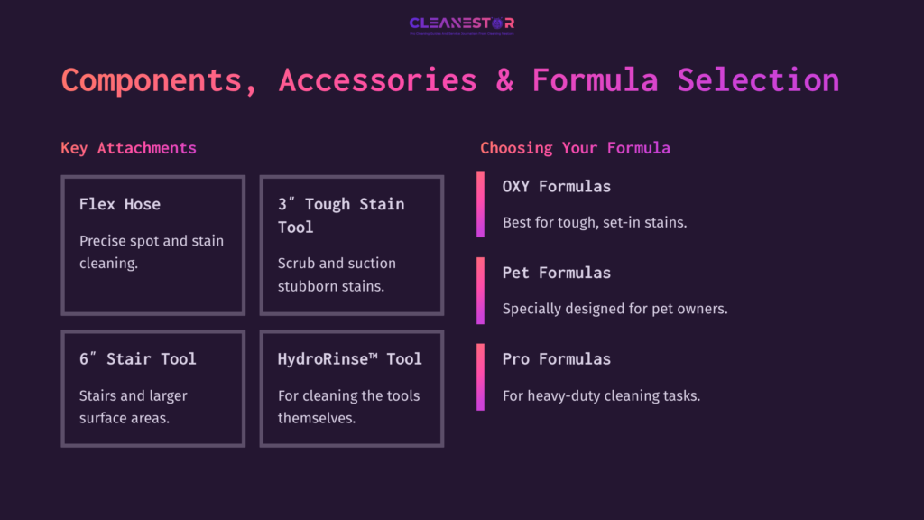 Visual Guide Detailing Bissell Spot Clean Pro Components: Features Flex Hose, Tough Stain Tool, Hydrorinse Tool, And Formula Options.