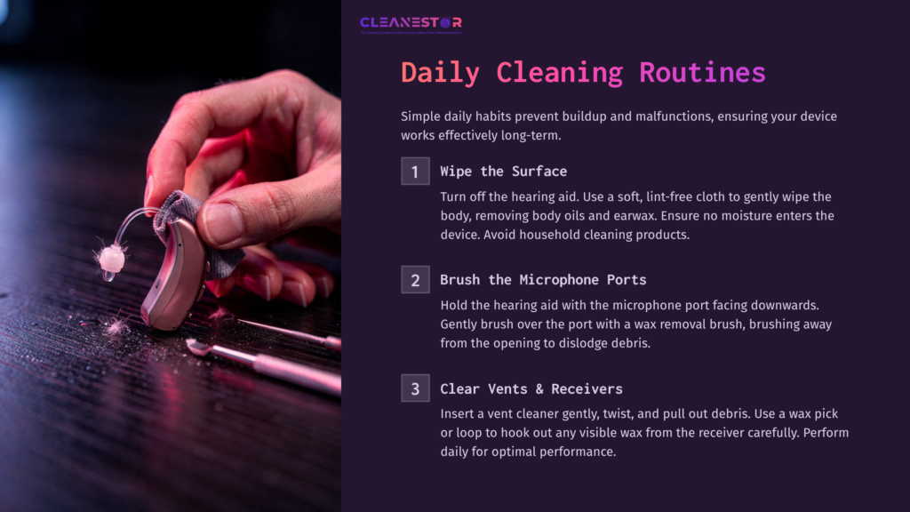 Guide For Cleaning Phonak Hearing Aids: Steps For Wiping, Brushing, And Clearing Vents, Featuring A Purple Background And Cleaning Tools.