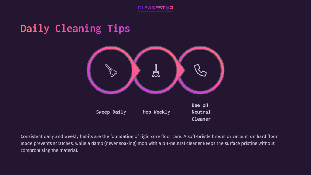 Three Circles With Icons: A Broom, A Mop, And A Phone, On A Dark Background. Text Highlights Daily And Weekly Cleaning Tips For Flooring Care.