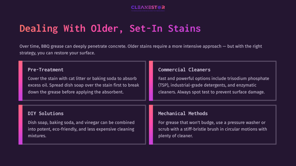 Four Rectangular Sections With A Dark Purple Background, Outlining Methods For Cleaning Bbq Grease Stains On Concrete: Pre-Treatment, Commercial Cleaners, Diy Solutions, And Mechanical Methods.