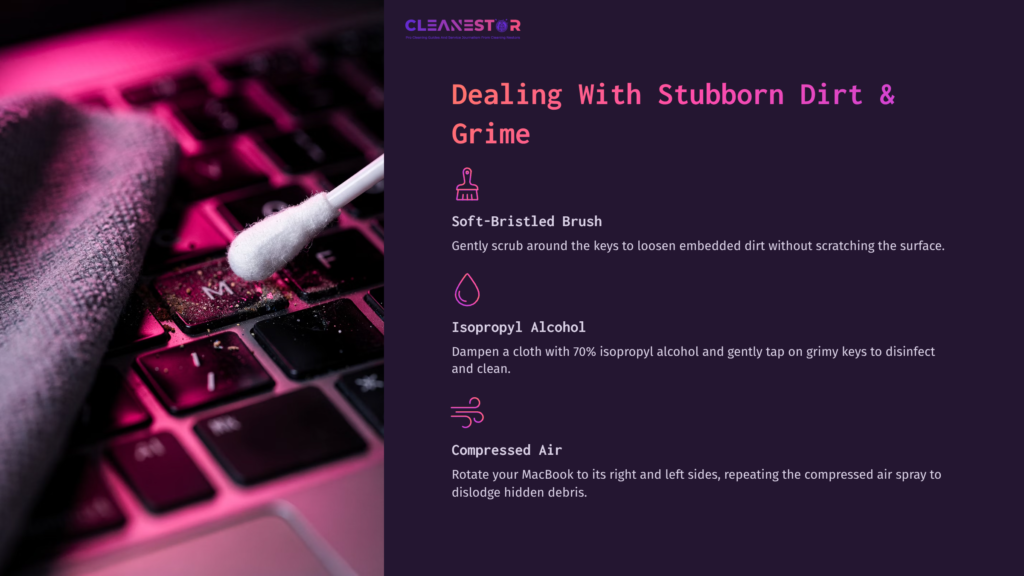A Close-Up Of A Keyboard With A Cotton Swab Cleaning Between The Keys, Alongside Text Instructions Featuring Soft Brush, Alcohol, And Compressed Air.