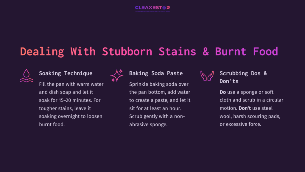 5 Dealing With Stubborn Stains And Burnt Food Text Layout Detailing Tips For Cleaning Zwilling Pans, Featuring Headings In Bold Pink And White, With Icons For Techniques And Warnings.