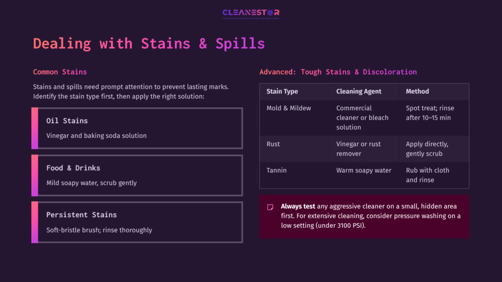 A Graphic Outlining Stain Removal Methods For Trex Railing, Featuring Sections On Common Stains, Cleaning Agents, And Tips, With A Dark Background.