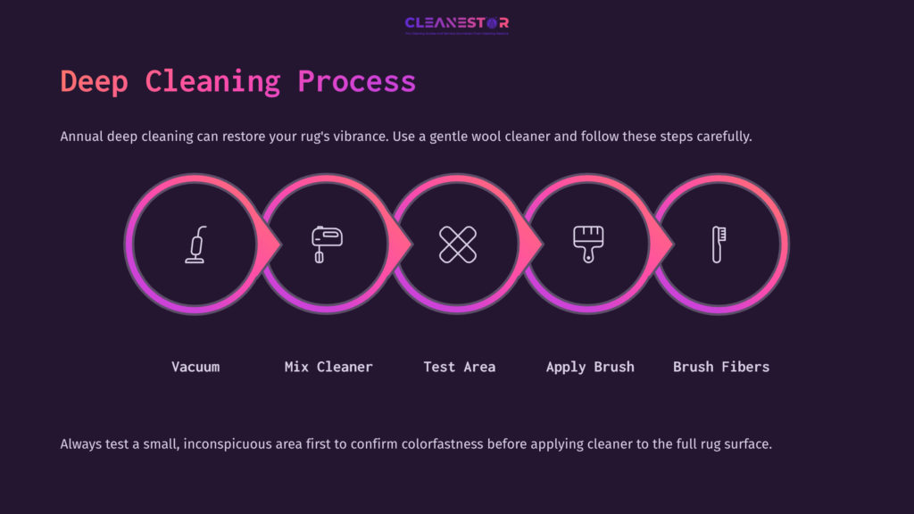 Diagram Illustrating The Deep Cleaning Process For Hand-Knotted Wool Rugs, Featuring Icons For Vacuuming, Mixing Cleaner, Testing, Applying, And Brushing.
