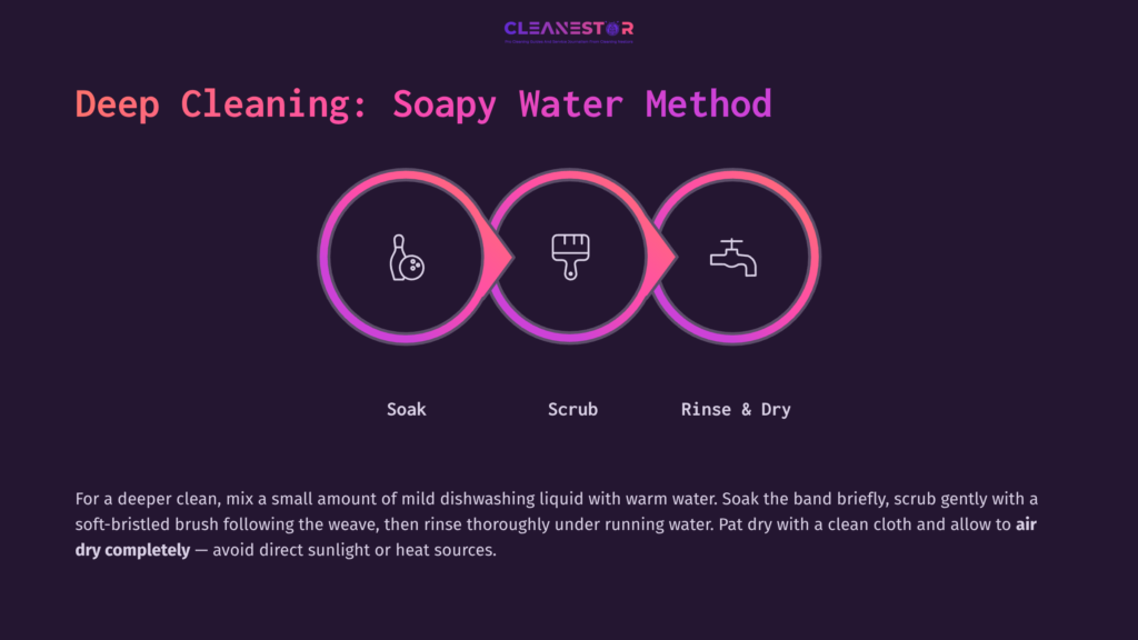 Deep Cleaning Steps For The Milanese Loop: Soak, Scrub, Rinse, And Dry, Illustrated With Icons And A Dark Purple Background.