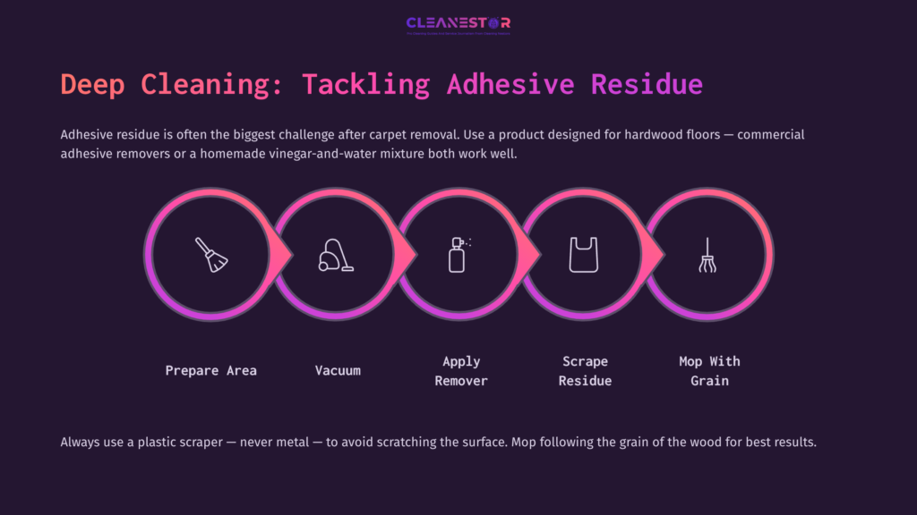 Graphic Outlining Steps For Cleaning Hardwood Floors After Carpet Removal: Prepare Area, Vacuum, Apply Remover, Scrape Residue, Mop With Grain.