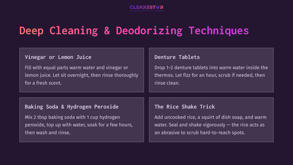 Instructional Graphic Featuring Cleaning Techniques For A Stanley Thermos, With Sections On Vinegar, Denture Tablets, Baking Soda, And The Rice Shake Trick. Background Is Dark Purple With White And Pink Text.
