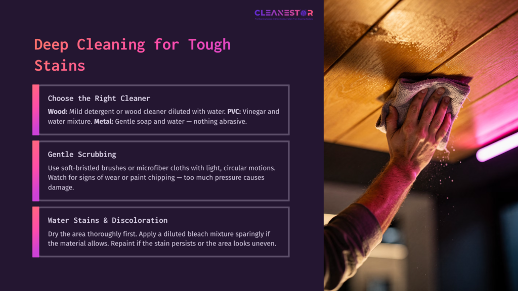 A Hand Cleaning A Tongue And Groove Ceiling With A Cloth, Featuring Wooden Planks And A Dark Purple Background With White Text.