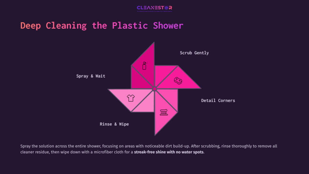 Graphic Guidance For Cleaning A Plastic Rv Shower, Featuring A Pink Pinwheel Design With Labeled Steps: Spray, Scrub, Rinse, And Detail.