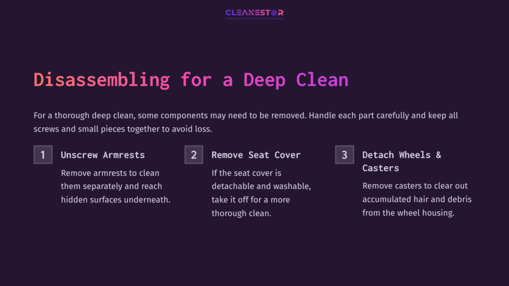 5 Disassembling For A Deep Clean Instructions For Deep Cleaning A Herman Miller Embody Chair: Steps To Unscrew Armrests, Remove Seat Cover, And Detach Wheels.