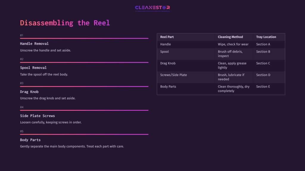 5 Disassembling The Reel Instructions For Disassembling A Fishing Reel, With Sections On Handle Removal, Drag Knob, Screws, And Body Parts, On A Dark Background.