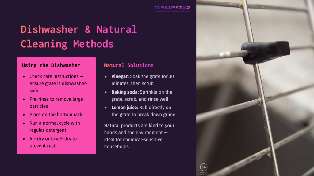 Close-Up Of A Metallic Sink Grate With A Black Clip, Alongside Cleaning Tips Using Natural Solutions And A Dishwasher.