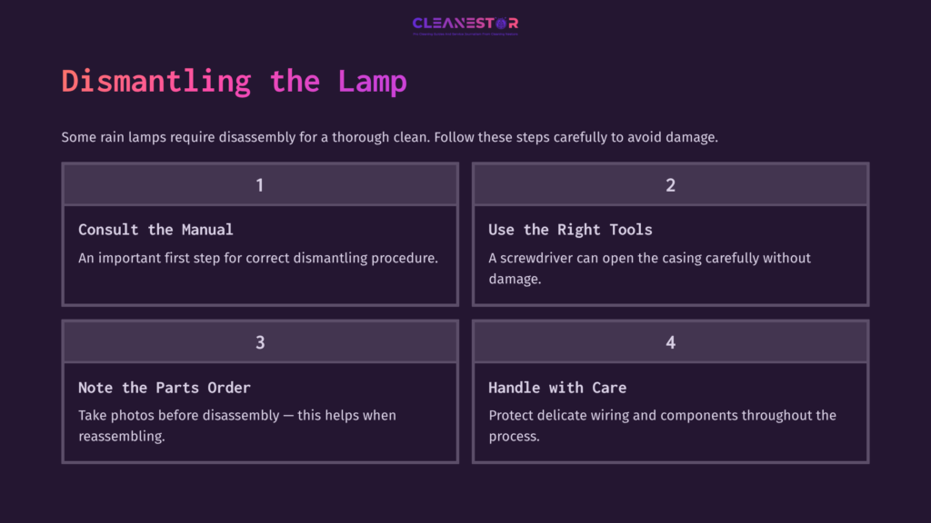 Step-By-Step Guide For Dismantling A Rain Lamp, Featuring White Text On Purple Background And Numbered Sections For Clear Instructions.