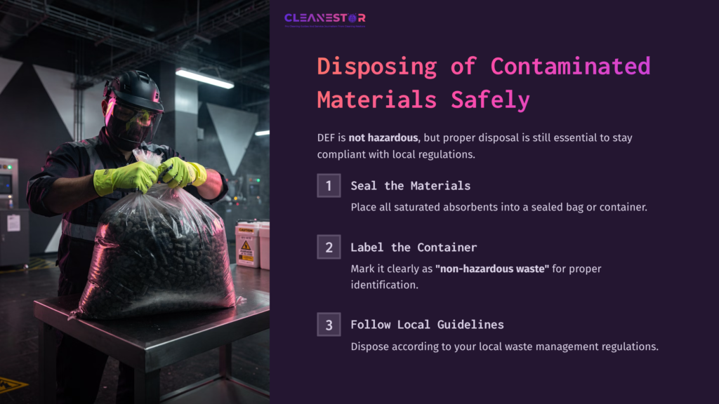 Worker In Safety Gear Seals A Bag Of Contaminated Materials At A Metal Table, With Neon-Lit Industrial Background And Clear Disposal Steps Displayed.