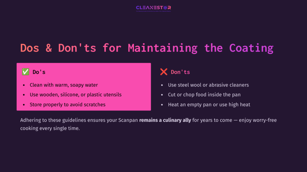 Brightly Colored Graphic With Pink And Purple Backgrounds. Lists Dos And Don'Ts For Maintaining Cookware, Using Check And Cross Icons.
