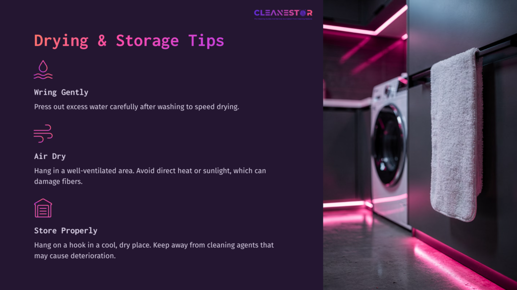 5 Drying And Storage Tips 1 A Washing Machine In A Modern Laundry Room With Pink Neon Lighting, Alongside Tips For Drying And Storing Cleaning Pads.