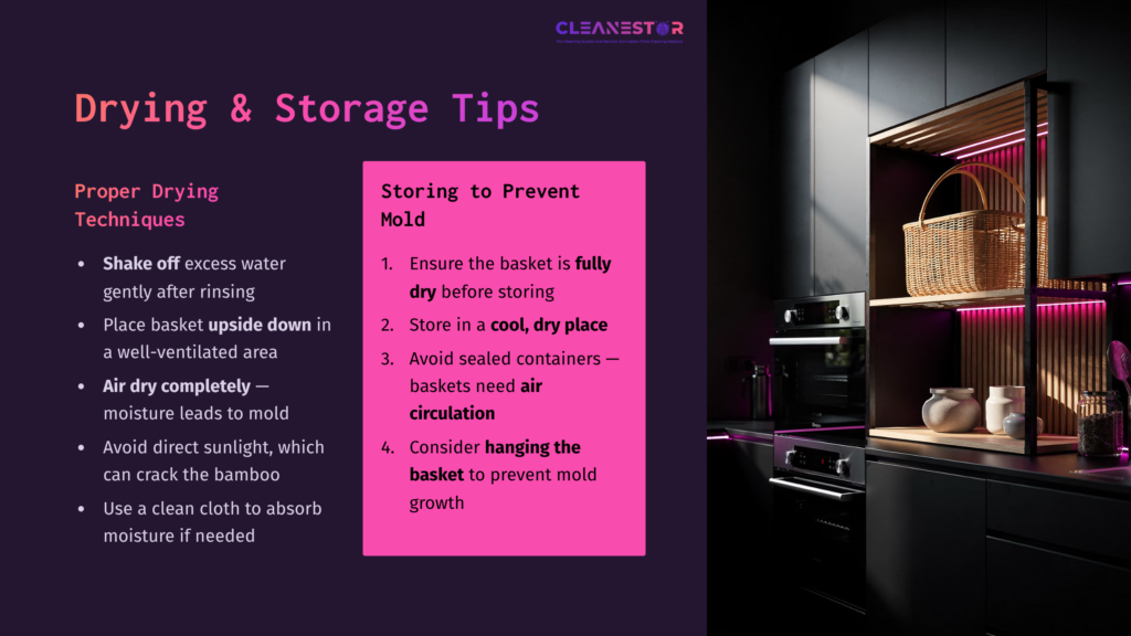 Text On A Dark Background Detailing Drying And Storage Tips For Sticky Rice Baskets, With A Pink Box For Key Points And Modern Kitchen Elements.