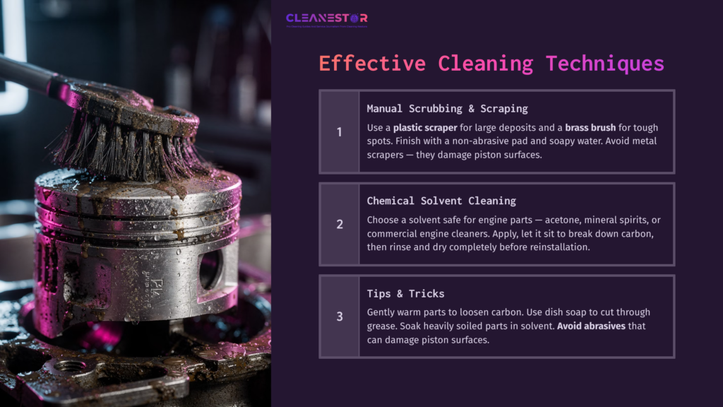 A Piston With Carbon Deposits, Accompanied By A Scrubbing Brush And Cleaning Supplies On A Dark Background.