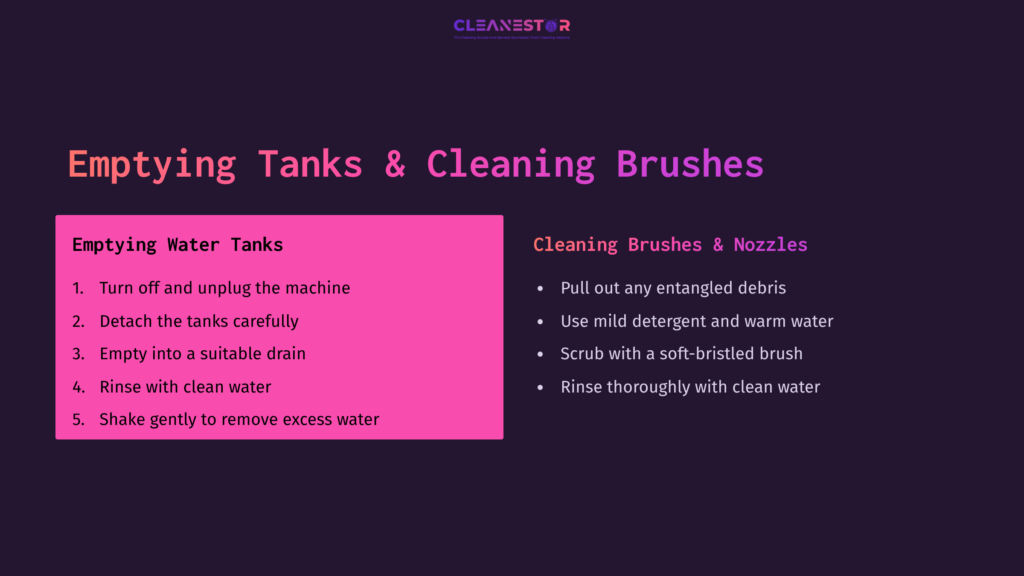Instructions On Cleaning A Rug Doctor, Featuring A Pink Box With Steps For Emptying Tanks And Cleaning Brushes Against A Dark Background.