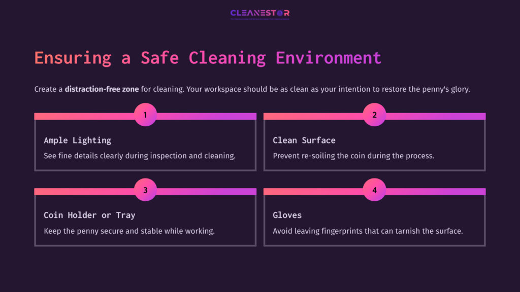 5 Ensuring A Safe Cleaning Environment Infographic Outlining Steps For Cleaning A 1901 Indian Head Penny, Featuring Bold Headings And Colorful Icons On A Dark Background.