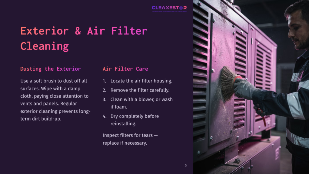 A Person Using A Brush To Clean A Generator'S Exterior, With A Focus On A Sturdy Air Filter Housing In A Well-Lit Workspace.