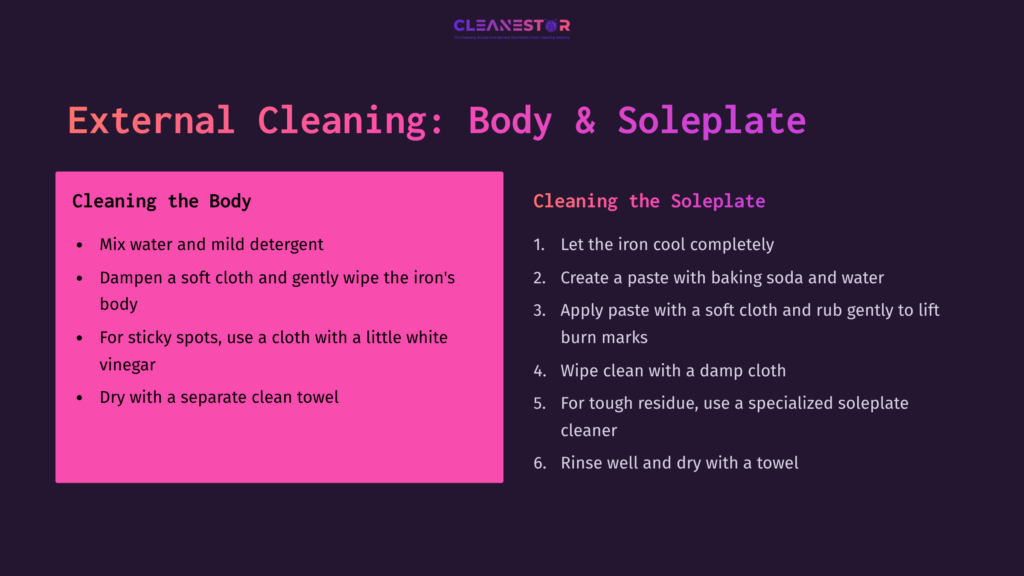 Instructions For Cleaning A Sunbeam Iron, Featuring Pink And Purple Headings, Step-By-Step Tips For Both The Body And Soleplate, With Clear Formatting.