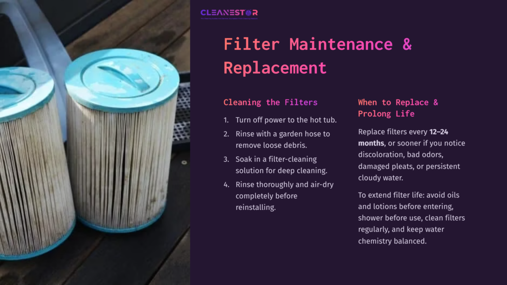 A Blue Hot Tub Filter Next To A Guide On Maintenance And Replacement, With Instructions On Cleaning And Prolonging Filter Life.