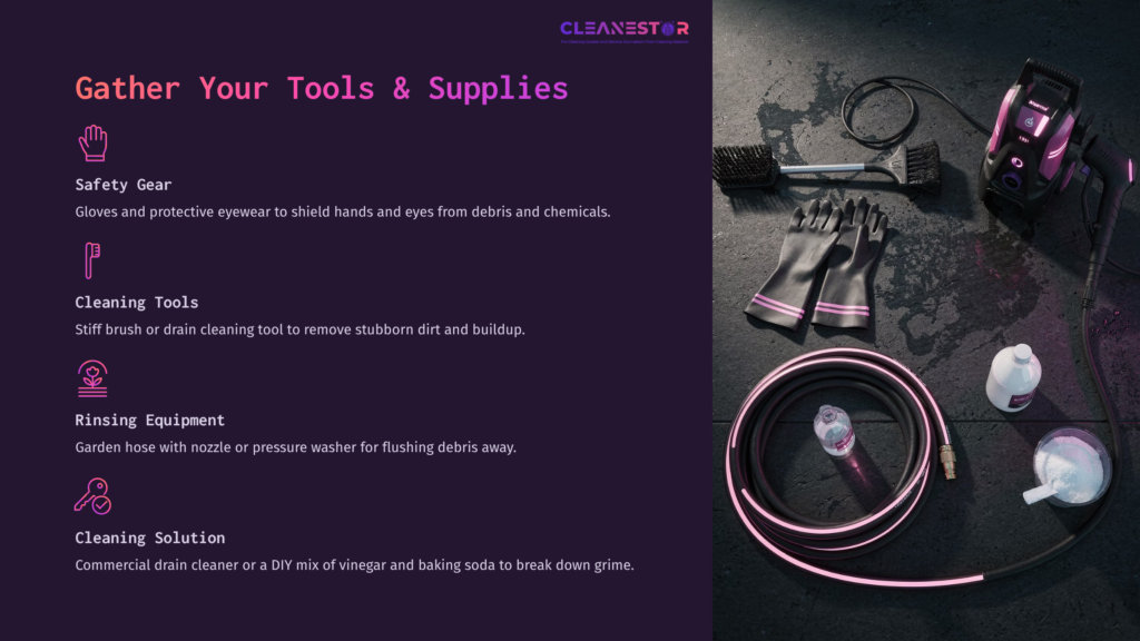 A Dark Surface Displays Cleaning Tools Including Gloves, Brushes, A Hose, And A Spray Bottle, Arranged For Pool Deck Maintenance.