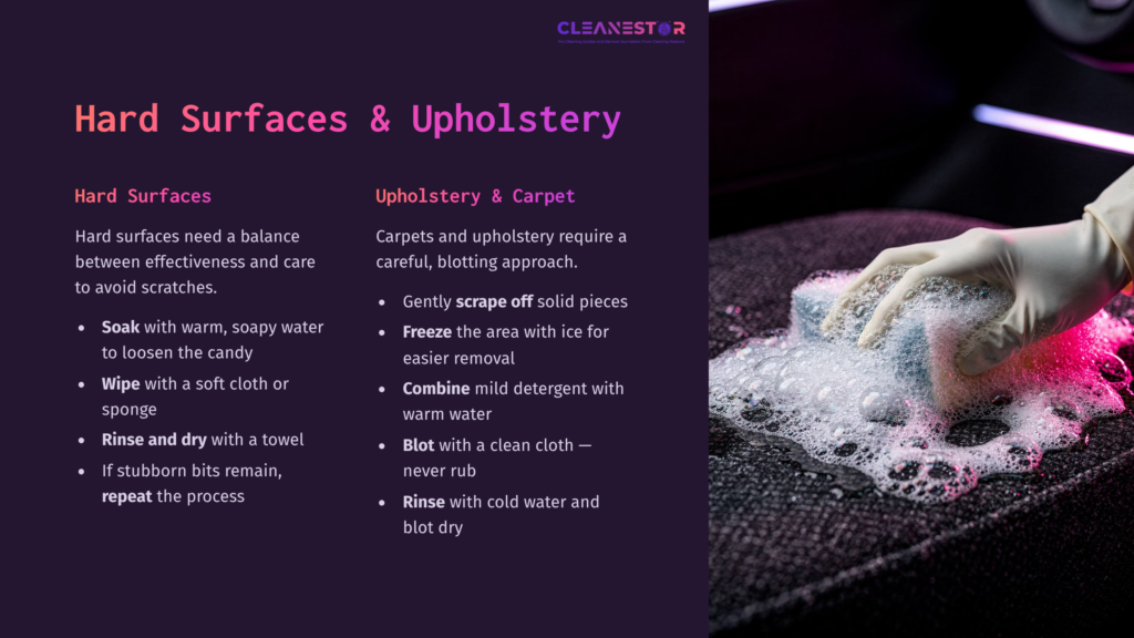 Hand Submerged In Soapy Water, Cleaning A Dark Textured Surface With Bubbles; Text On The Left Outlines Cleaning Tips For Surfaces And Upholstery.