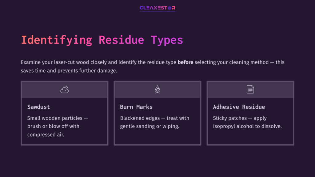 Three Boxes Titled &Quot;Identifying Residue Types&Quot; On A Dark Background, Detailing Sawdust, Burn Marks, And Adhesive Residue With Corresponding Icons.