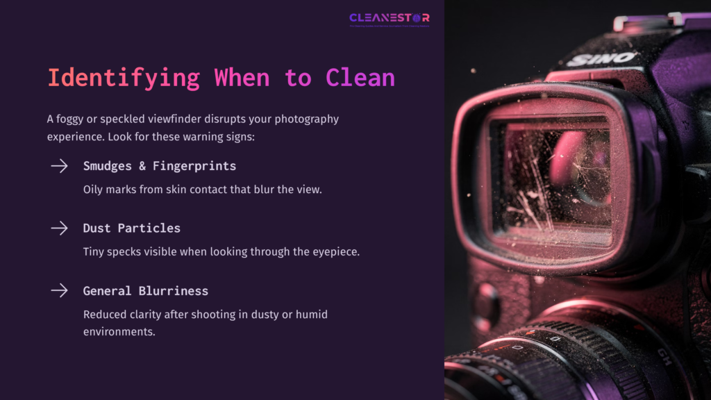 A Close-Up Of A Camera'S Viewfinder With Visible Smudges And Dust, Alongside Tips For Identifying When To Clean It.