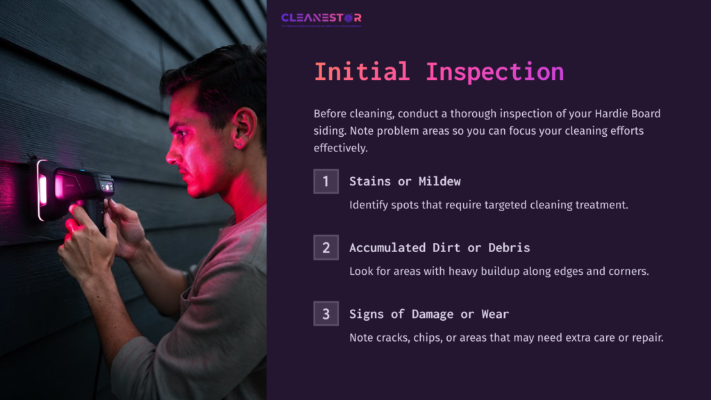 A Person Using A Flashlight To Inspect Hardie Board Siding For Stains, Dirt, And Damage, With Inspection Tips Displayed Alongside.