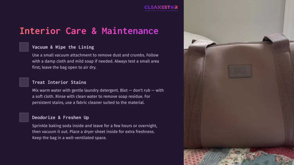 5 Interior Care And Maintenance Brown Dagne Dover Bag Resting On A Pastel Quilt, With Text Instructions On Cleaning And Maintenance Beside It.