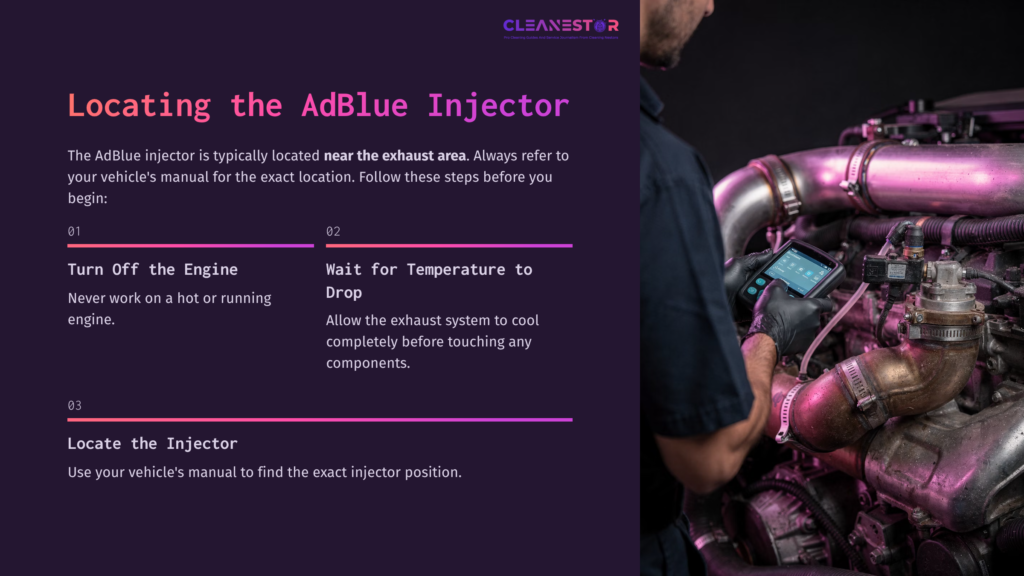 5 Locating The Adblue Injector A Mechanic Checks A Vehicle'S Adblue Injector Near The Exhaust Area, With A Purple And Black Background And Clear Step-By-Step Instructions.