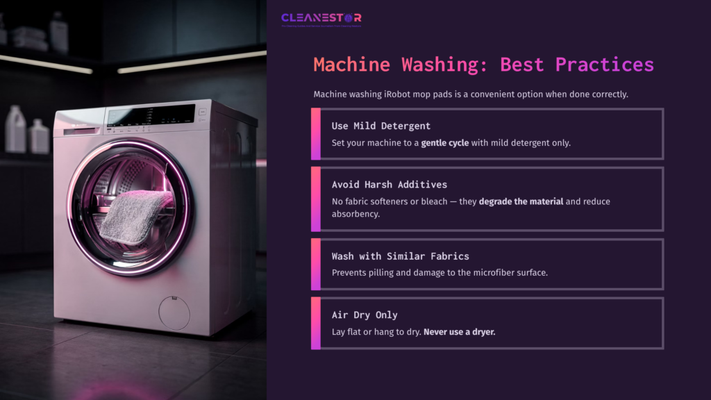 Washing Machine With A Pink Washing Cycle Displayed, Next To Text Boxes Outlining Best Practices For Cleaning Irobot Mop Pads.