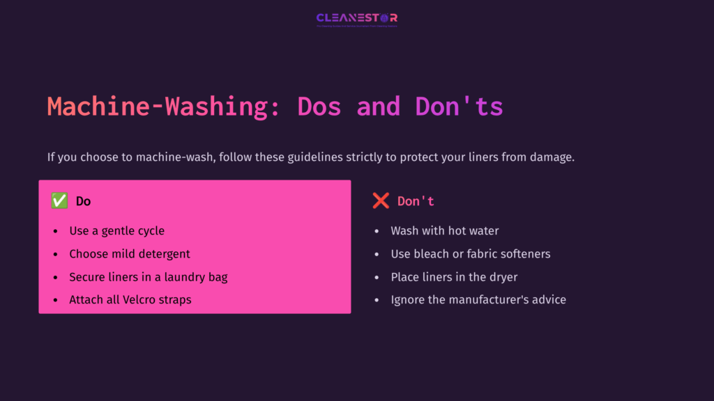 Guidelines For Machine Washing Ski Boot Liners, With &Quot;Dos&Quot; In Pink And &Quot;Don'Ts&Quot; Marked By A Red X On A Dark Purple Background.