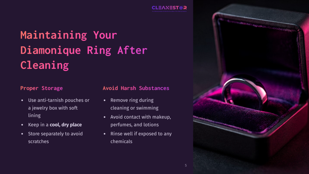 A Diamond-Like Ring Sits In A Black Velvet Box With A Purple Interior, Next To A Dark Purple Background Featuring Cleaning Tips.